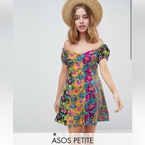 ASOS Petite Off The Shoulder Mixed Print Button Through mini sundress